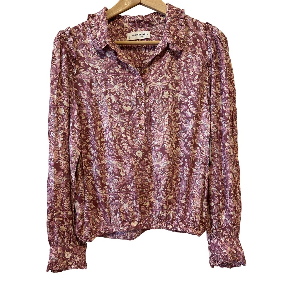 Lucky Brand Peasant Top XS Pink Floral Ruffle Collar Long Sleeve Boho Rayon NWT